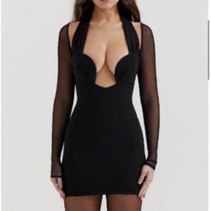 HOUSE OF CB Black Mesh-Sleeve Halter Bodycon Dress